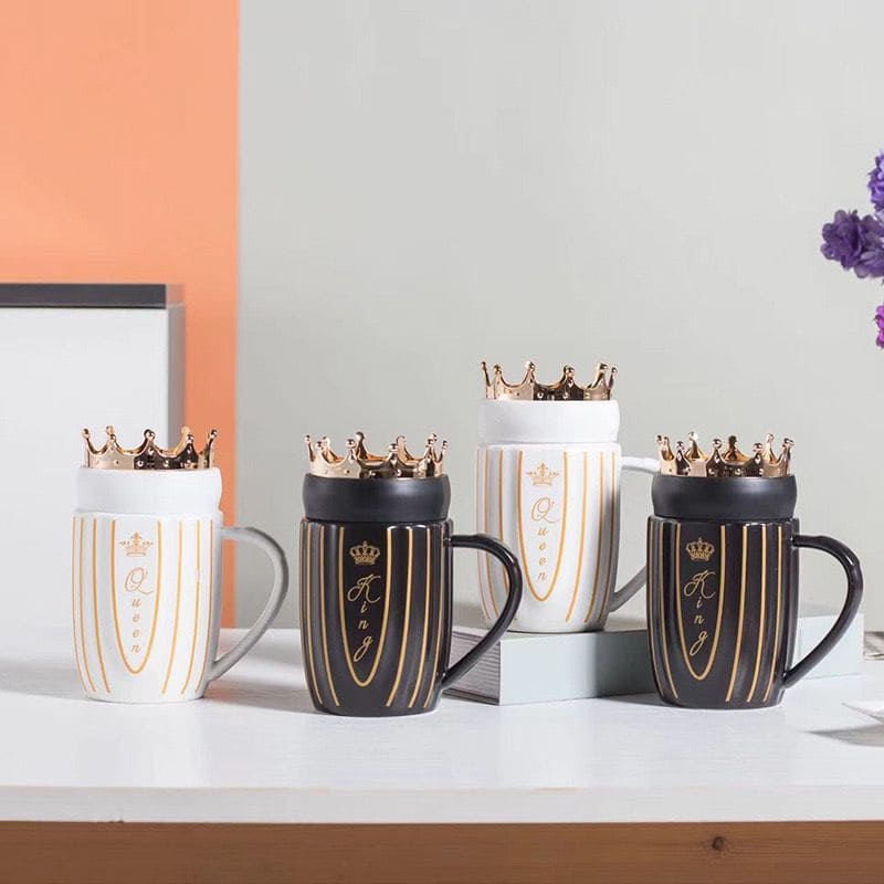 King Queen Couple Mug, Elegant Ceramic Mugs With Crown Lid, King and Queen Camping Ceramic Coffee Mugs King Queen Couple Mug, Elegant Ceramic Mugs With Crown Lid, King and Queen Camping Ceramic Coffee Mugs